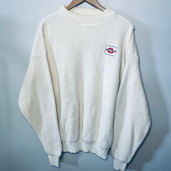 McBriar VTG 90s Blue Streak Sweater Men Pullover Cream Ribbed Knit Cotton L - Picture 1 of 6